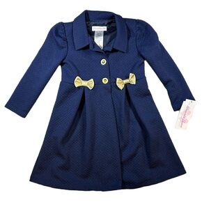 NWT Bonnie Jean Girl Size 5 Jacquard Coat-Navy Blue with Gold Buttons and Bows